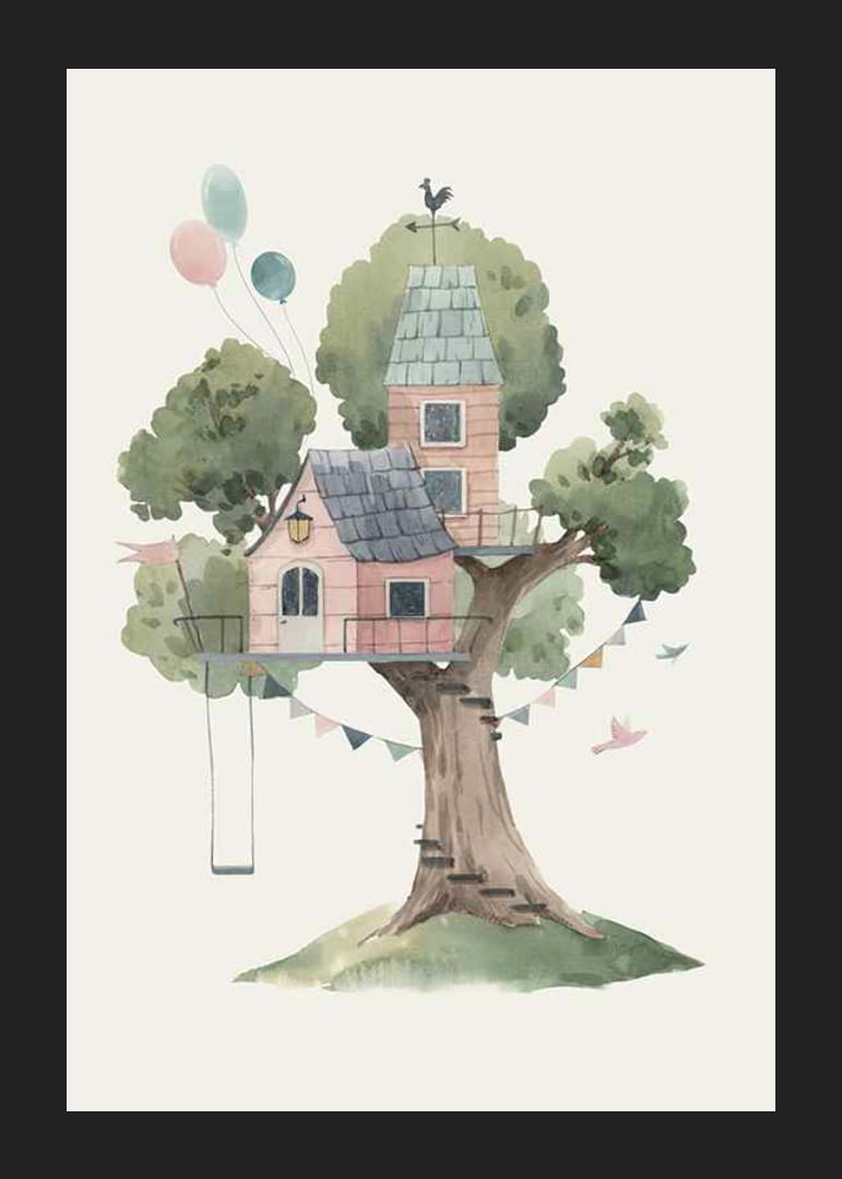 Watercolor of treehouse in pink tones with balloons and pennants-12