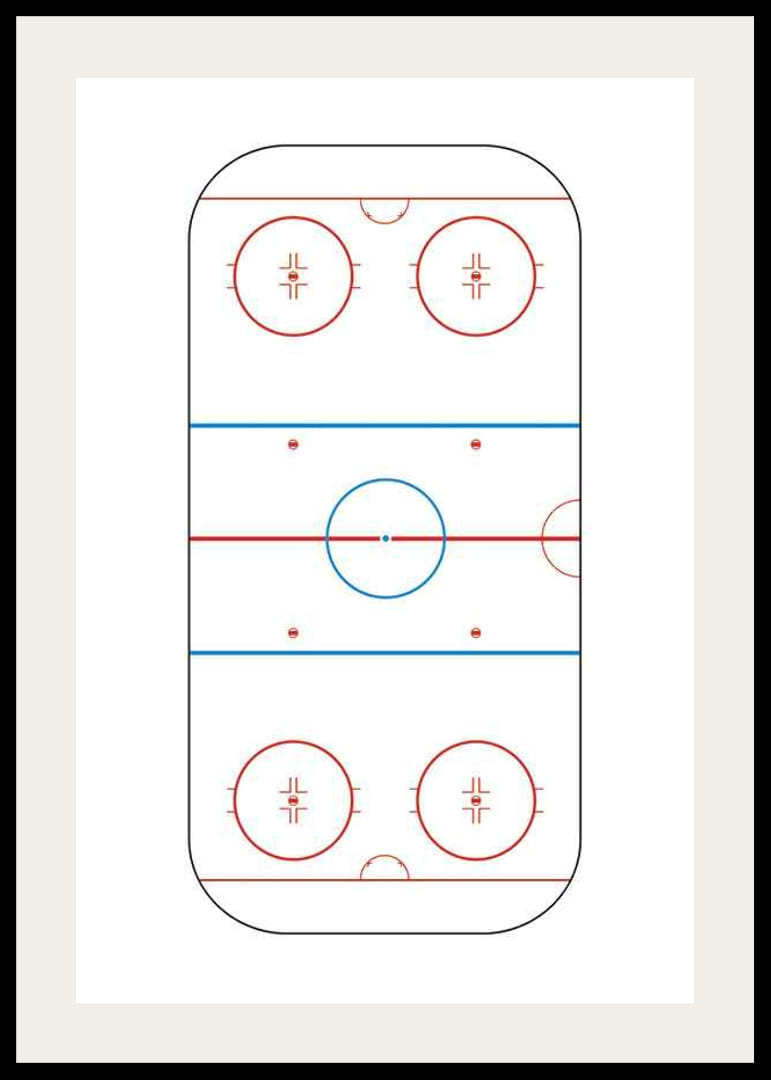 Ilustrovaný pohľad na hokejové klzisko zhora s červenými a modrými čiarami-12