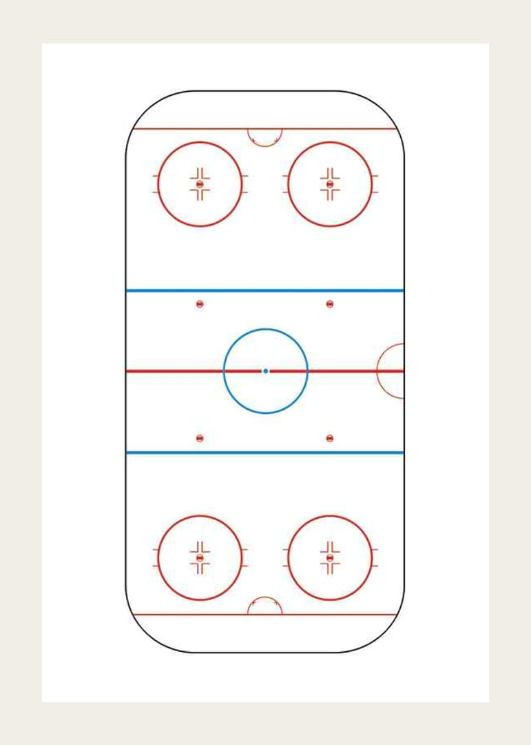 Ilustrovaný pohľad na hokejové klzisko zhora s červenými a modrými čiarami-12