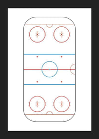 Ilustrovaný pohľad na hokejové klzisko zhora s červenými a modrými čiarami-5