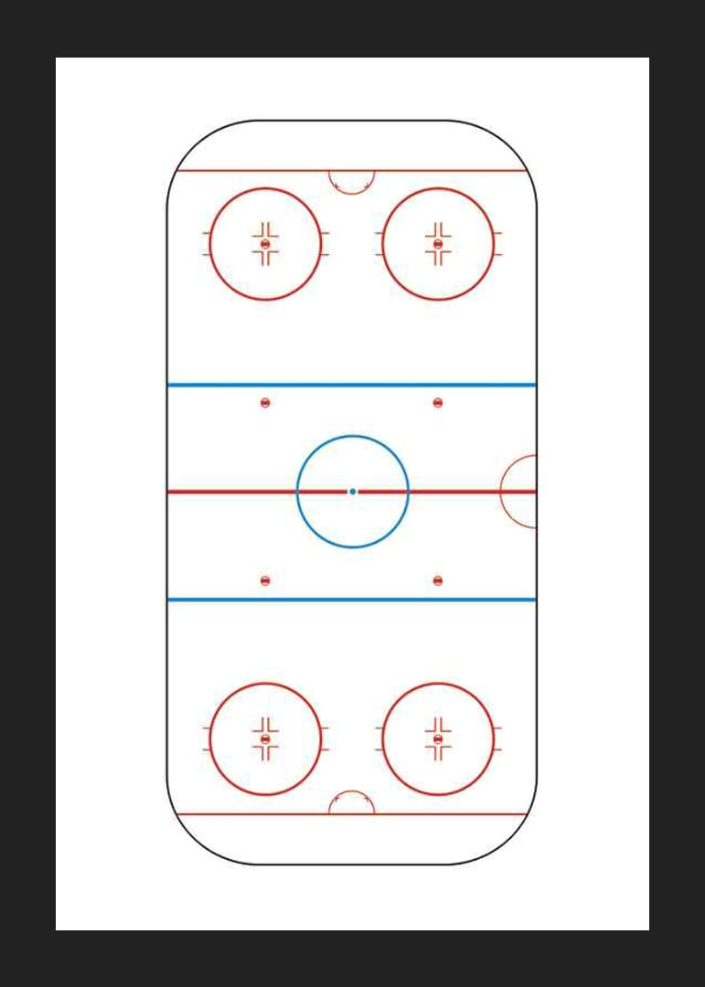Ilustrovaný pohľad na hokejové klzisko zhora s červenými a modrými čiarami-12