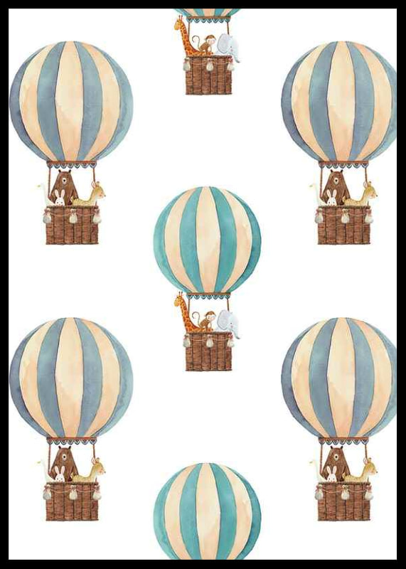 Watercolor illustration with animals in hot air balloons, blue and beige-12