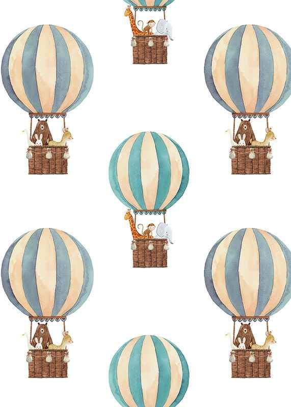 Watercolor illustration with animals in hot air balloons, blue and beige-12