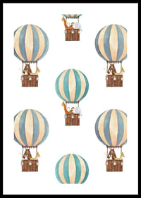 Watercolor illustration with animals in hot air balloons, blue and beige-0