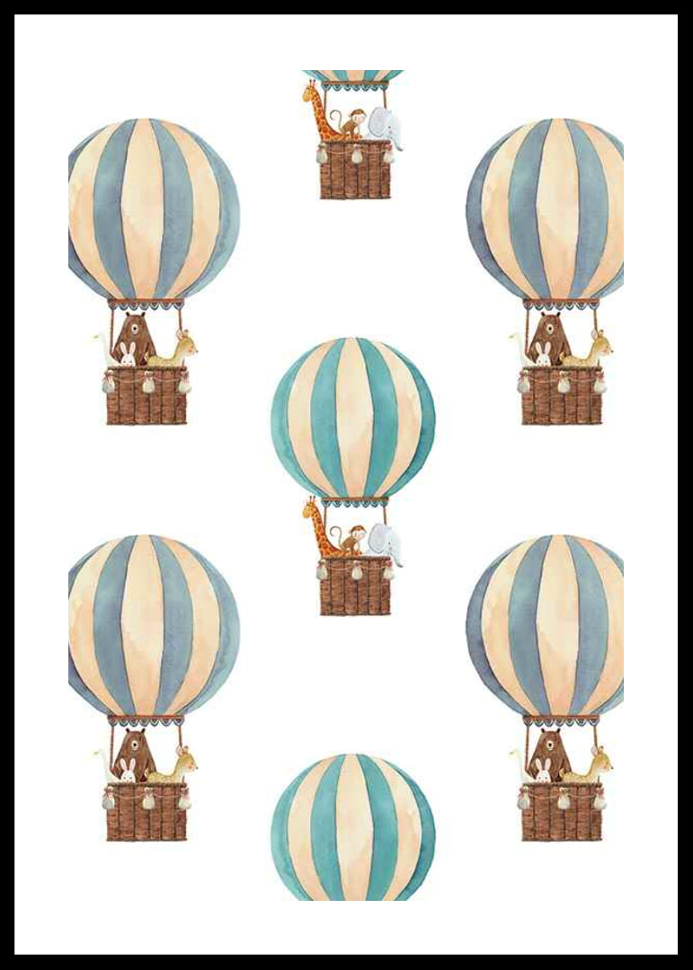 Watercolor illustration with animals in hot air balloons, blue and beige-12
