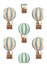Watercolor illustration with animals in hot air balloons, blue and beige-1
