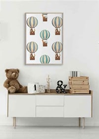 Watercolor illustration with animals in hot air balloons, blue and beige-8