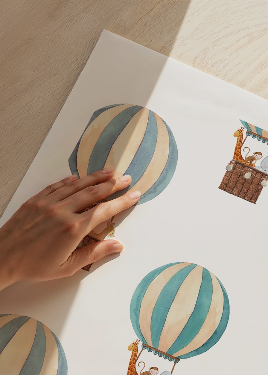 Watercolor illustration with animals in hot air balloons, blue and beige-12