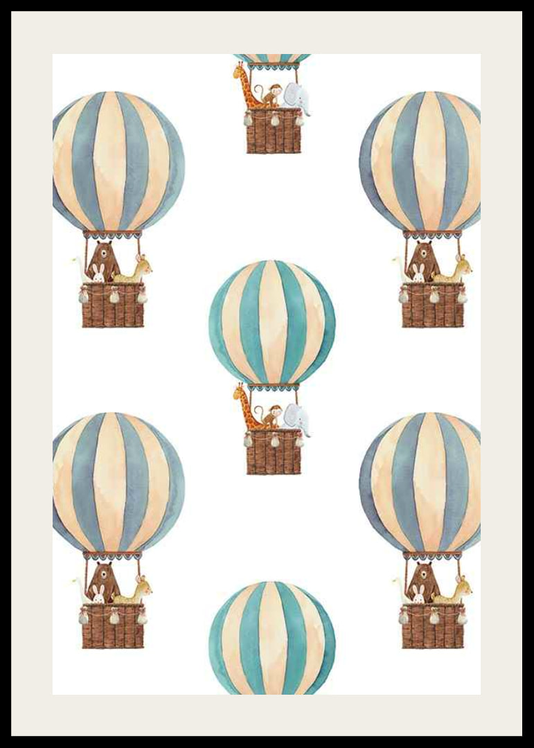 Watercolor illustration with animals in hot air balloons, blue and beige-12