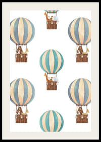 Watercolor illustration with animals in hot air balloons, blue and beige-2