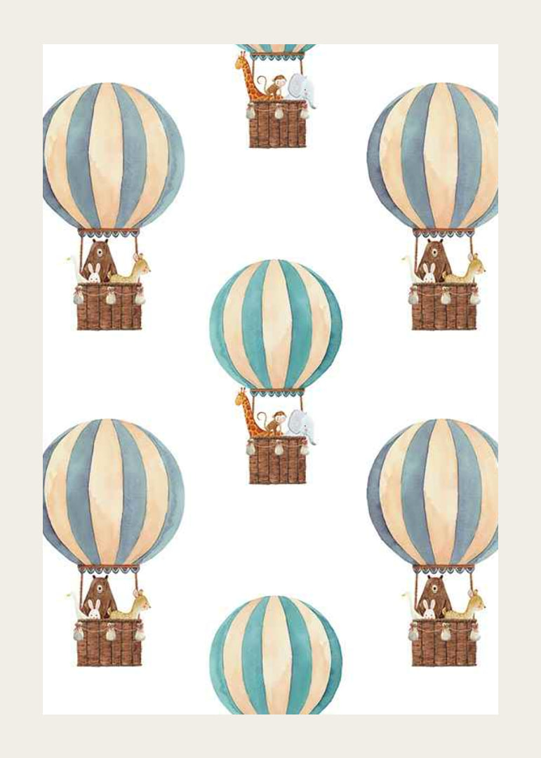 Watercolor illustration with animals in hot air balloons, blue and beige-12