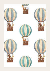 Watercolor illustration with animals in hot air balloons, blue and beige-3