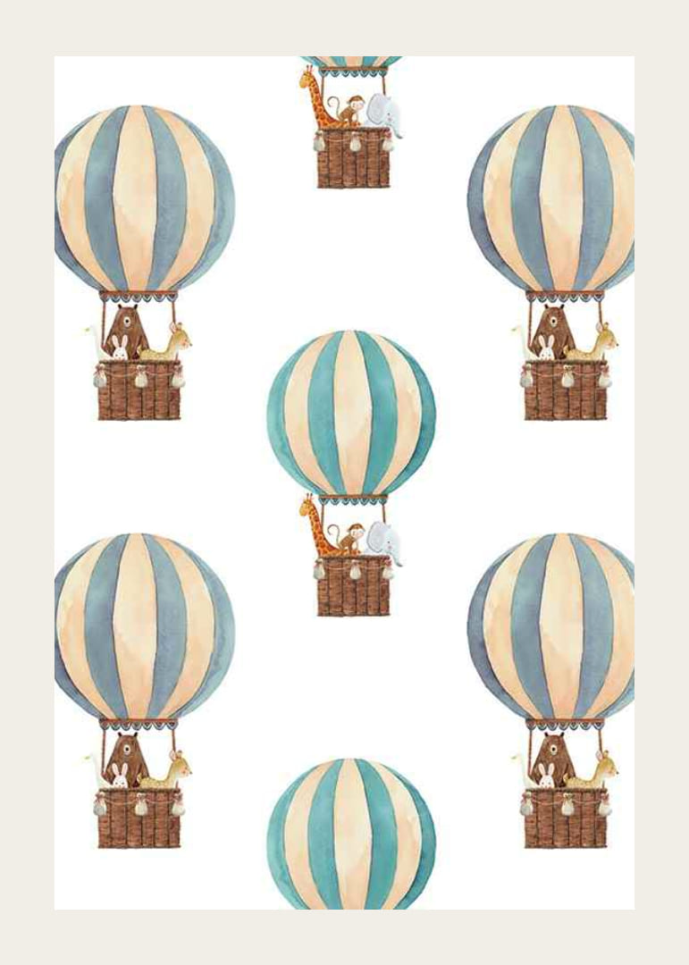 Watercolor illustration with animals in hot air balloons, blue and beige-12