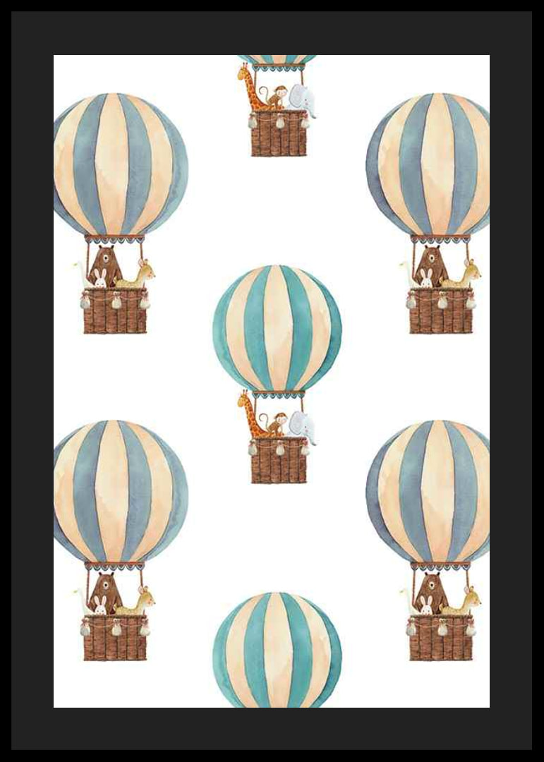 Watercolor illustration with animals in hot air balloons, blue and beige-12