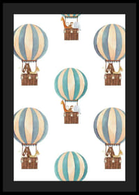 Watercolor illustration with animals in hot air balloons, blue and beige-4