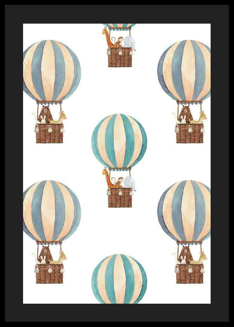 Watercolor illustration with animals in hot air balloons, blue and beige-12
