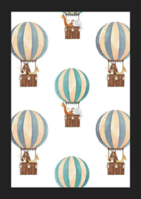 Watercolor illustration with animals in hot air balloons, blue and beige-5