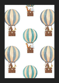 Watercolor illustration with animals in hot air balloons, blue and beige-5