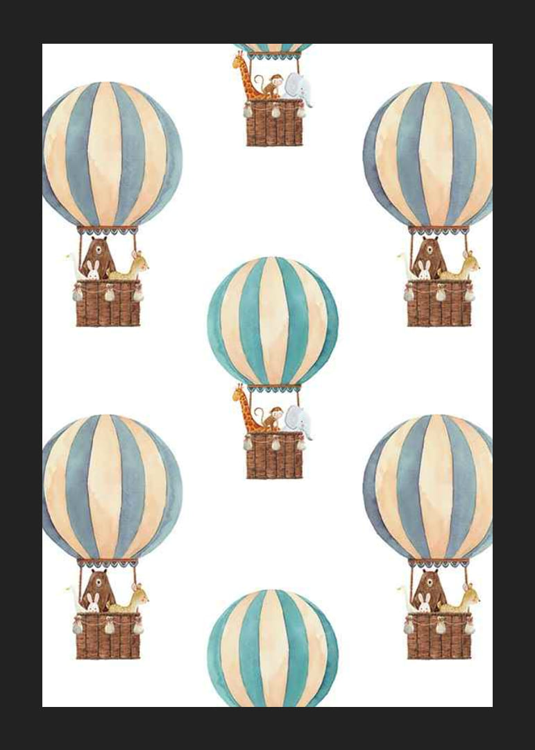 Watercolor illustration with animals in hot air balloons, blue and beige-12