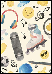 Watercolor illustration with roller skates, skateboard and emojis-6