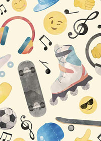 Watercolor illustration with roller skates, skateboard and emojis-7