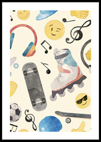 Watercolor illustration with roller skates, skateboard and emojis-0