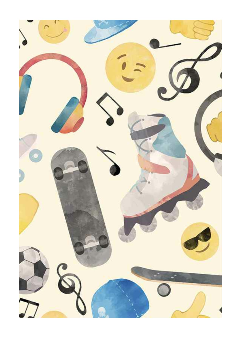 Watercolor illustration with roller skates, skateboard and emojis-12