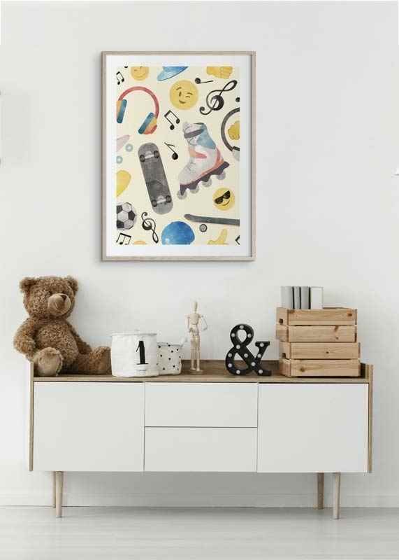 Watercolor illustration with roller skates, skateboard and emojis-12