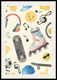 Akvarellillustration med rullskridsko, skateboard och emojis-2