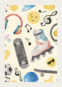 Akvarellillustration med rullskridsko, skateboard och emojis-3