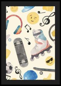 Akvarellillustration med rullskridsko, skateboard och emojis-4