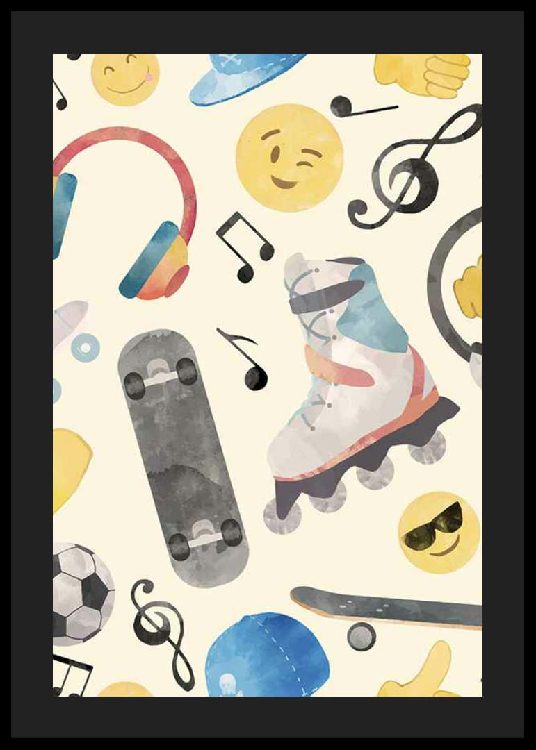 Akvarellillustration med rullskridsko, skateboard och emojis-12
