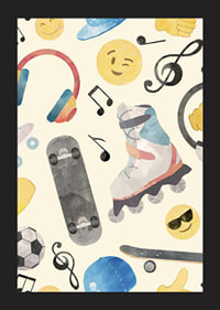 Watercolor illustration with roller skates, skateboard and emojis-5