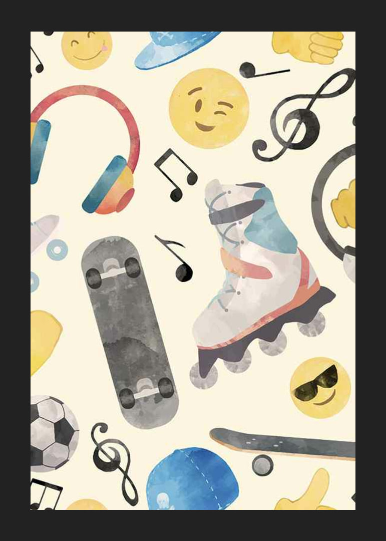 Watercolor illustration with roller skates, skateboard and emojis-12