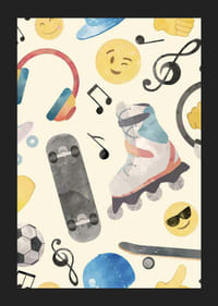 Akvarellillustration med rullskridsko, skateboard och emojis-5