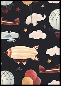 Illustration of hot air balloons, airplane and elephant among clouds-6