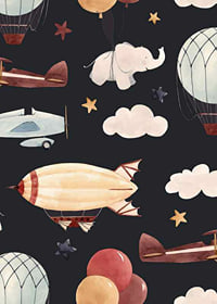 Illustration of hot air balloons, airplane and elephant among clouds-7