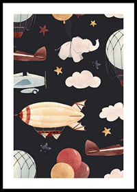 Illustration of hot air balloons, airplane and elephant among clouds-0