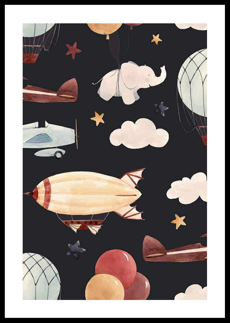 Illustration of hot air balloons, airplane and elephant among clouds-12