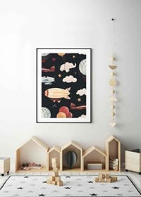 Illustration of hot air balloons, airplane and elephant among clouds-8