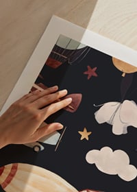 Illustration of hot air balloons, airplane and elephant among clouds-9