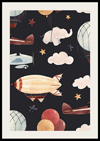 Illustration of hot air balloons, airplane and elephant among clouds-2