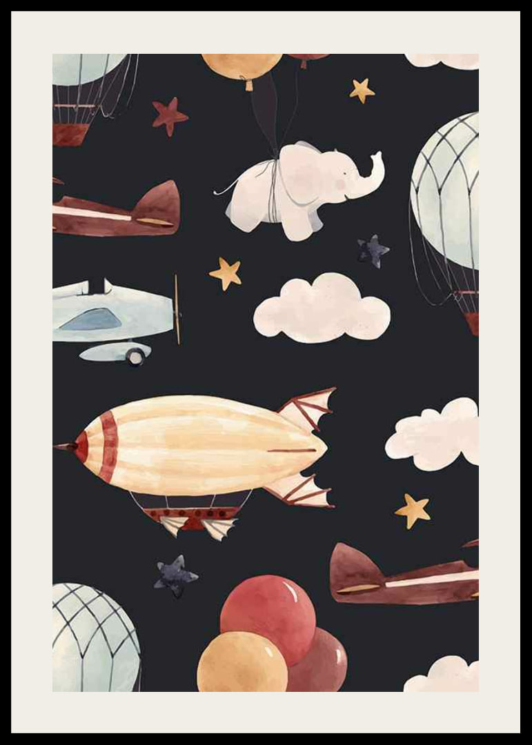 Illustration of hot air balloons, airplane and elephant among clouds-12