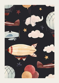 Illustration von Heißluftballons, Flugzeugen und Elefanten zwischen Wolken-3