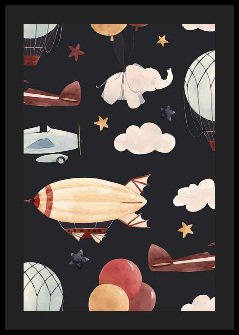 Illustration of hot air balloons, airplane and elephant among clouds-12