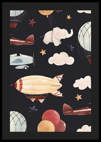 Illustration von Heißluftballons, Flugzeugen und Elefanten zwischen Wolken-4