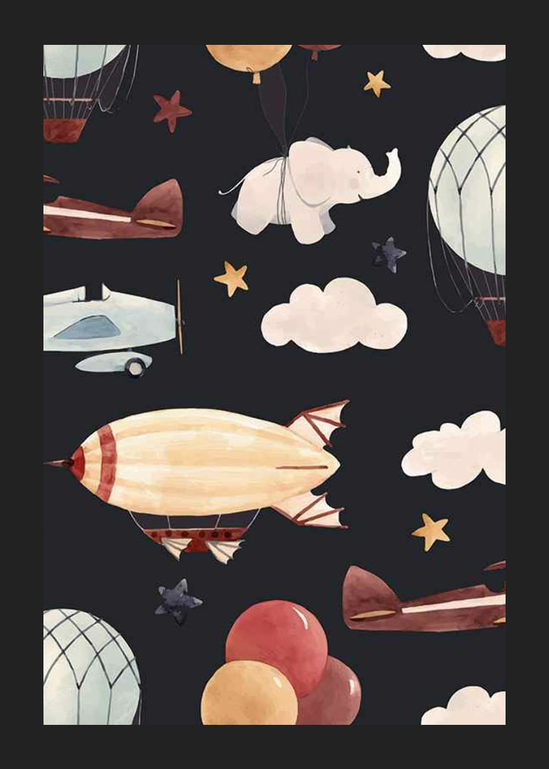 Illustration of hot air balloons, airplane and elephant among clouds-12