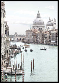 Photographic view of Venice canals with gondolas and dome-6