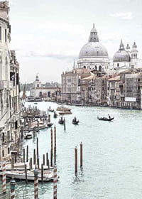 Photographic view of Venice canals with gondolas and dome-7
