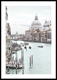 Photographic view of Venice canals with gondolas and dome-0